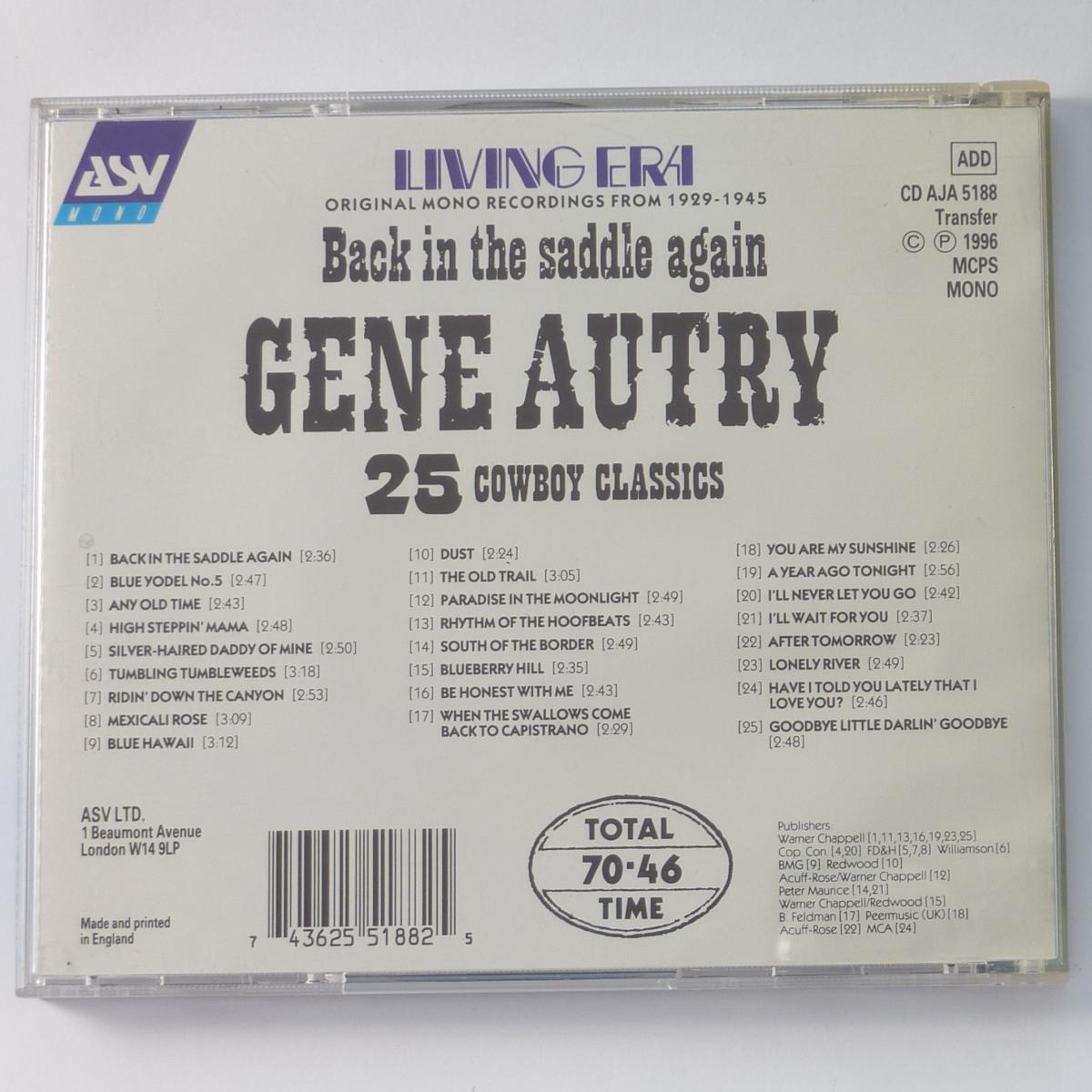 Gene Autry Back In The Saddle Again CD Compilation Mono
