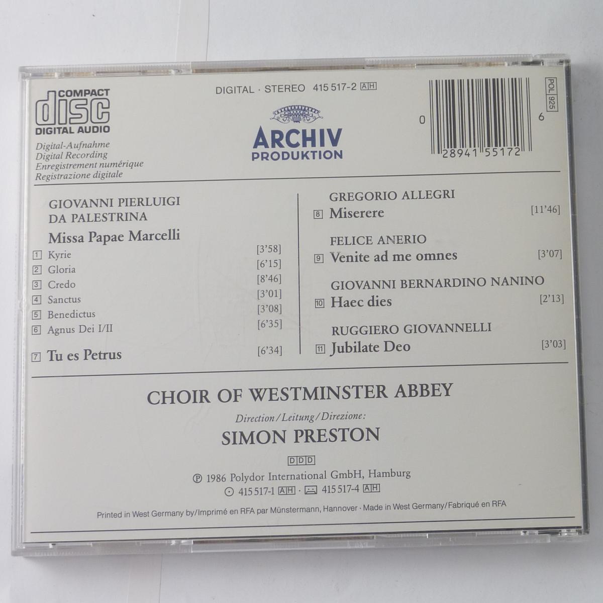 Palestrina, Allegri - Choir Of Westminster Abbey*, Simon Preston Missa Papae Marcelli / Miserere CD Album Stereo