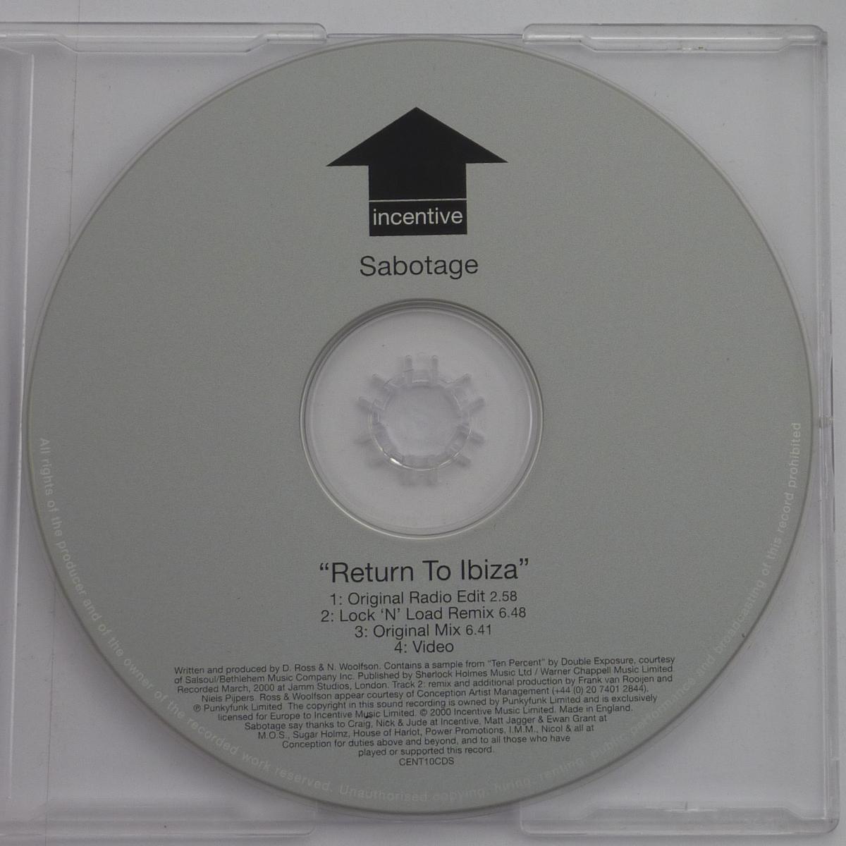 Sabotage Return To Ibiza CD Single Limited Edition Non Chart Release Enhanced