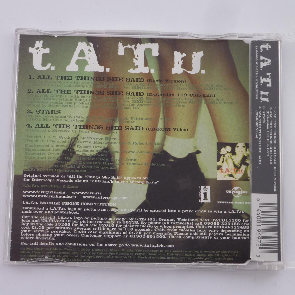 t.A.T.u. All The Things She Said CD Single Enhanced